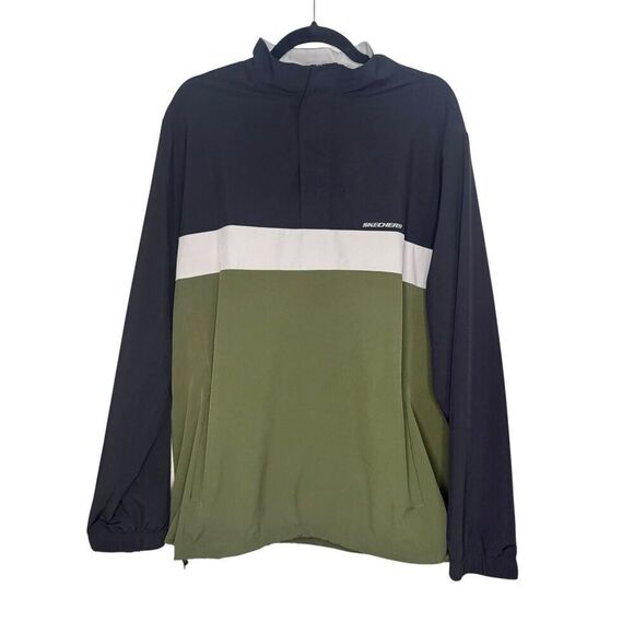 Skechers Men’s Large Windbreaker Track Jacket 1/4 Zip Pullover Black Gray Green - Picture 1 of 7